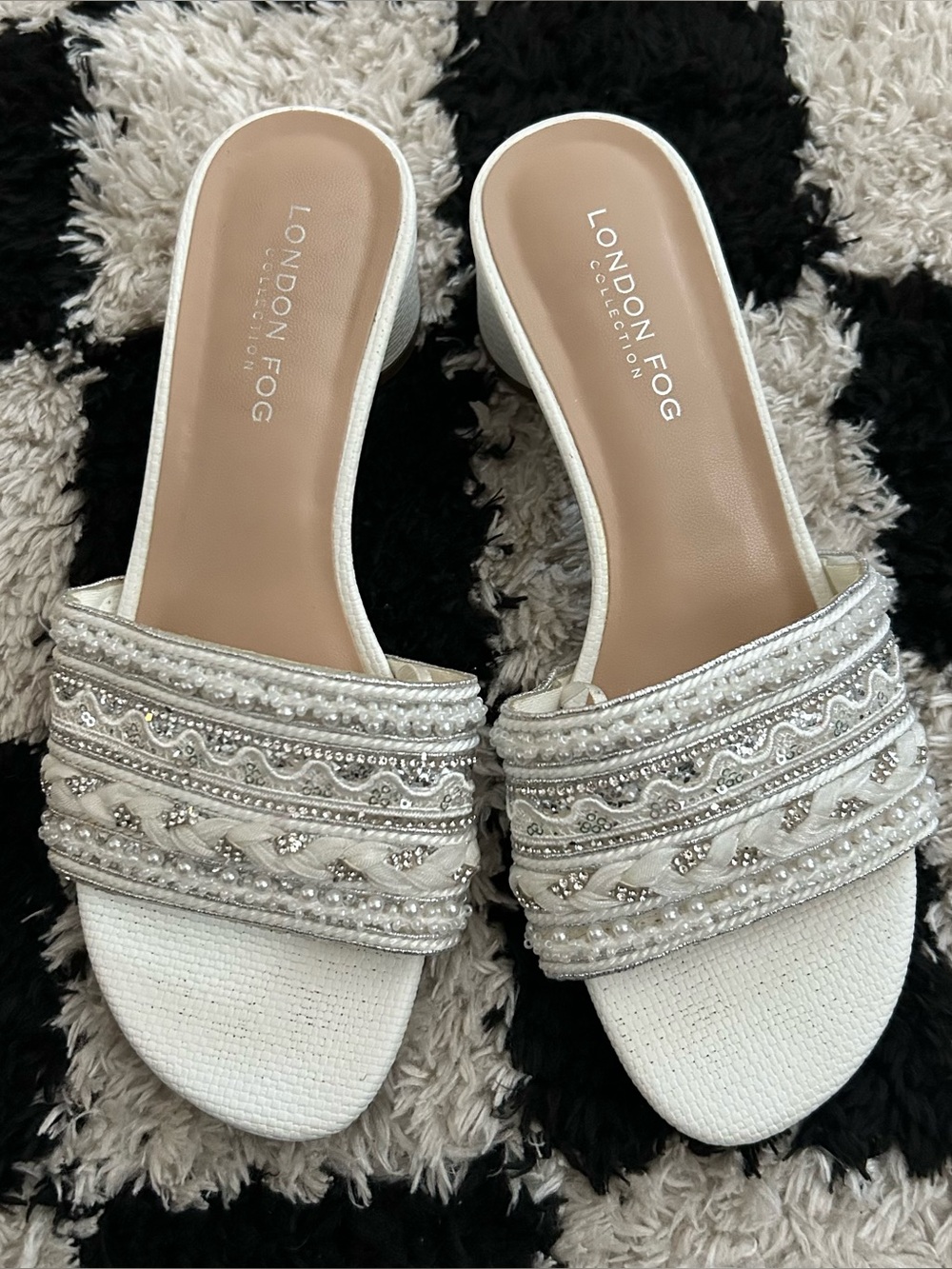 London Fog Sandals Womens 6 Heeled Slides Beaded White Slip On Boho Collection